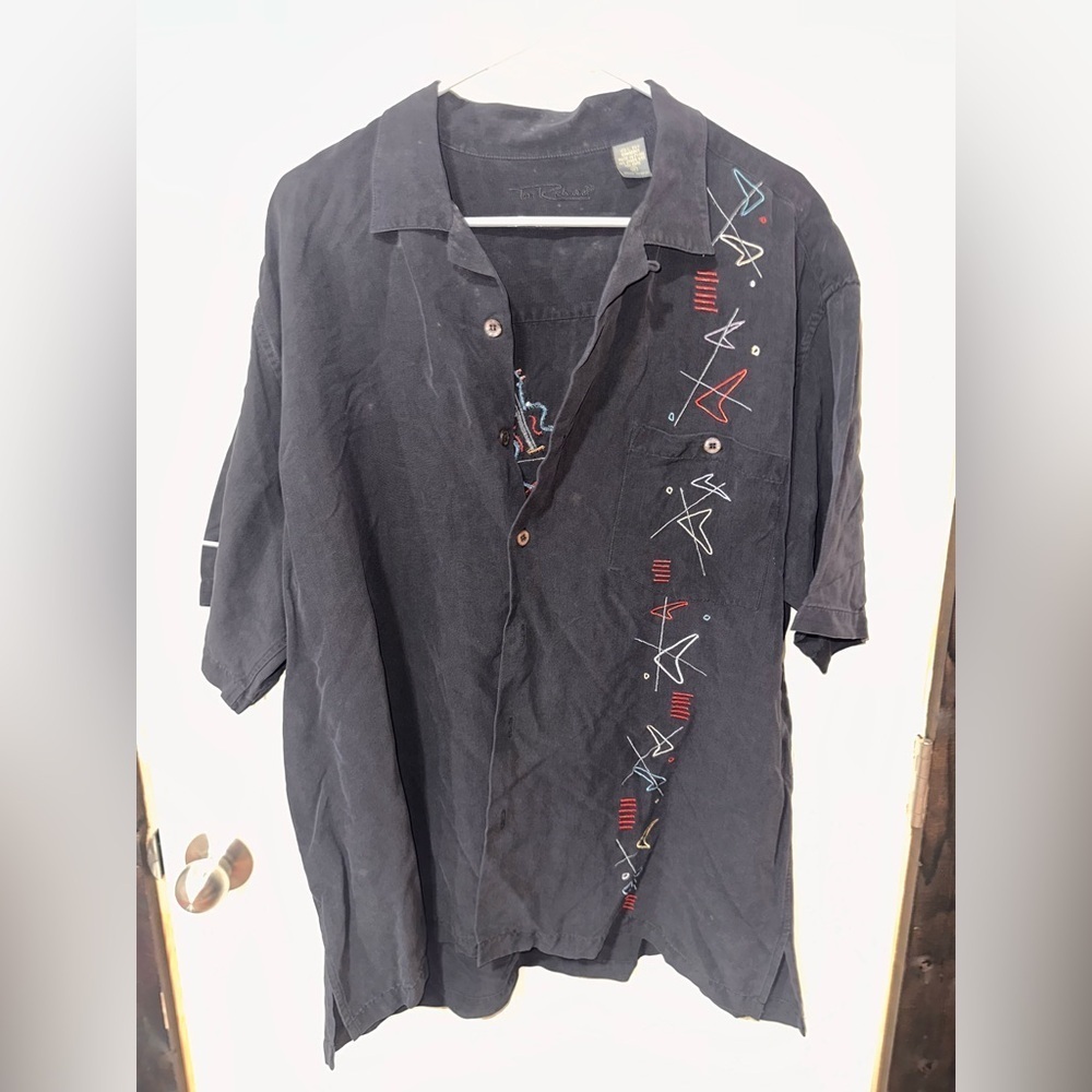 Tori Richard Black Shirt with Colorful Geometric Embroidery
